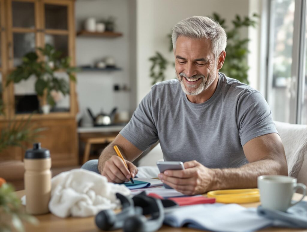 Man in his 40s marking workout completion on calendar while holding water bottle, demonstrating summer fitness consistency tracking