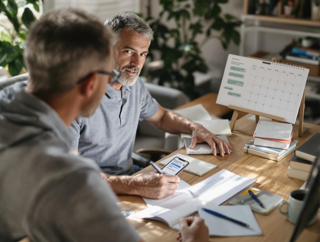 Two men in their 40s discussing books and sharing reading insights in casual home setting showing accountability partnership for personal growth