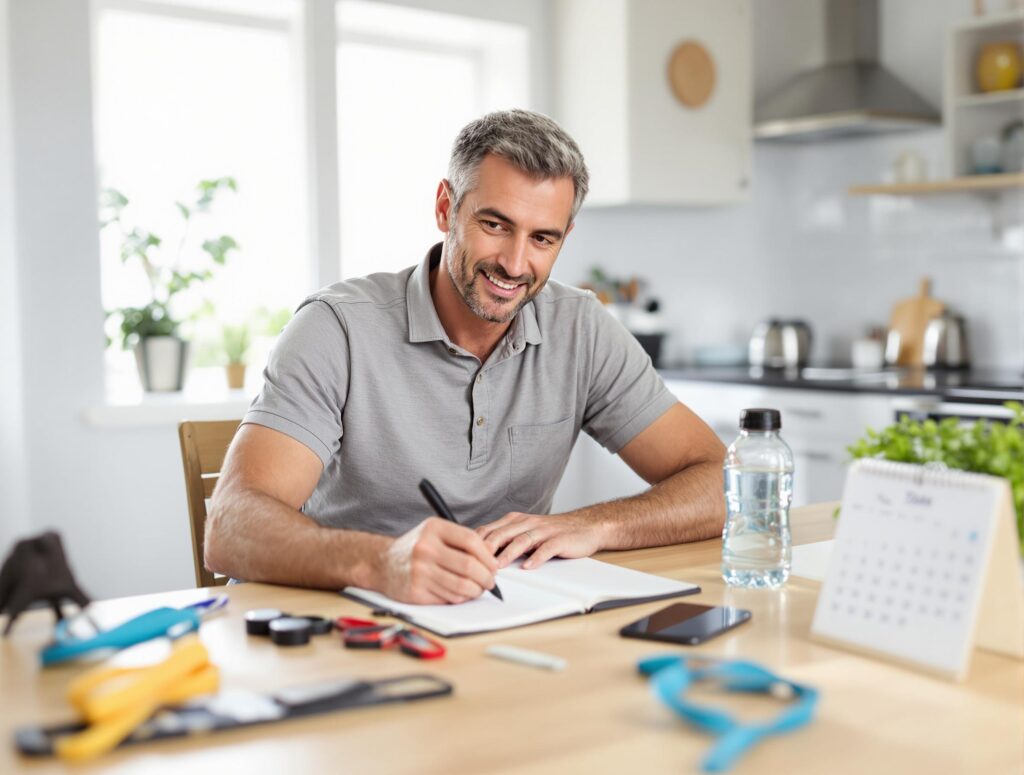 Man in his 40s planning summer fitness routine with notebook and calendar, demonstrating organized approach to seasonal health optimization