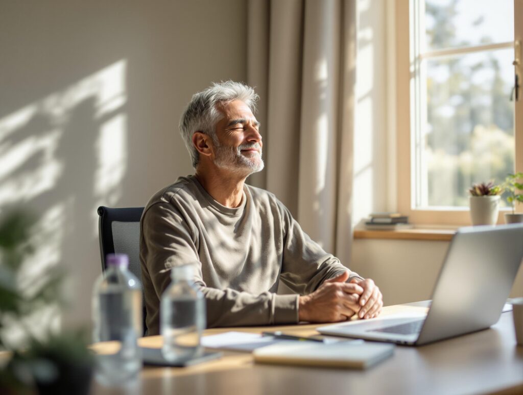 Professional man in his 40s demonstrating multiple levels of energy restoration techniques for workplace burnout recovery