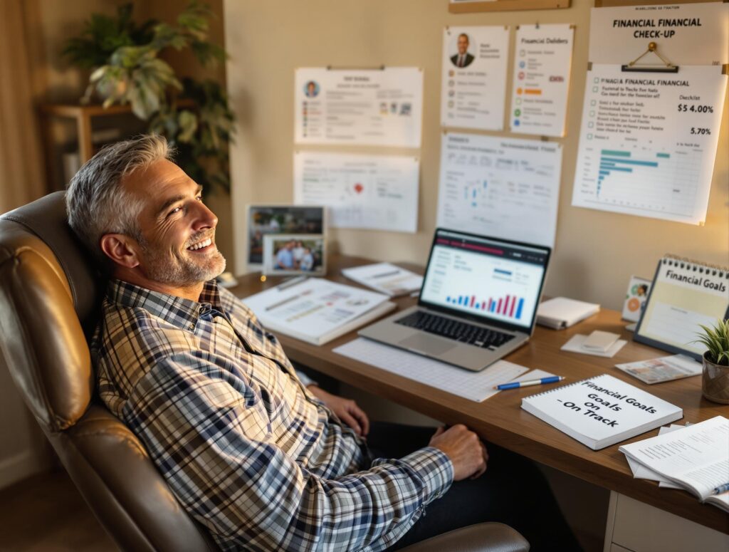 Confident man in his 40s celebrating financial progress with organized documents, charts showing growth, and satisfied expression in home office