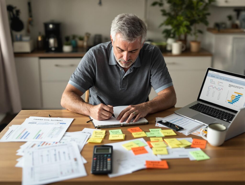 Man in his 40s thoughtfully reviewing and adjusting financial goals with notebook and calculator, showing realistic progress assessment
