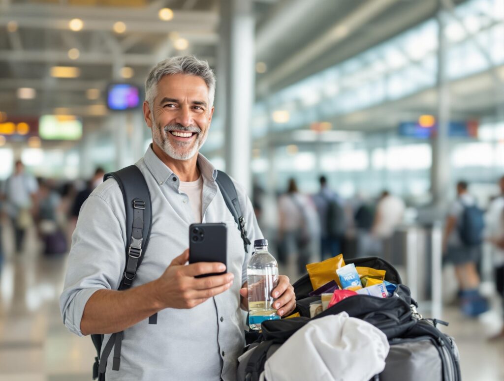 Happy man in his 40s returning from vacation with luggage, fitness gear, and healthy snacks, looking energized and accomplished