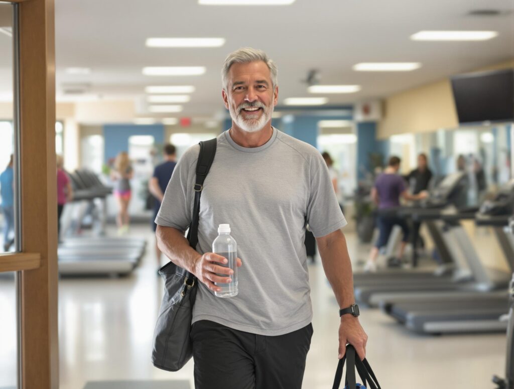 Man in his 40s using exercise equipment in clean, accessible community center gym environment, showing affordable fitness alternatives