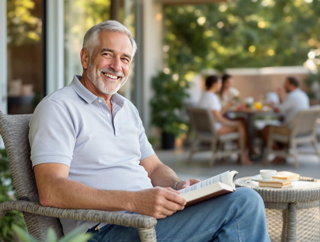 Middle-aged man in casual clothing enjoying quality time with family outdoors during summer, representing happiness and relationship investment strategies
