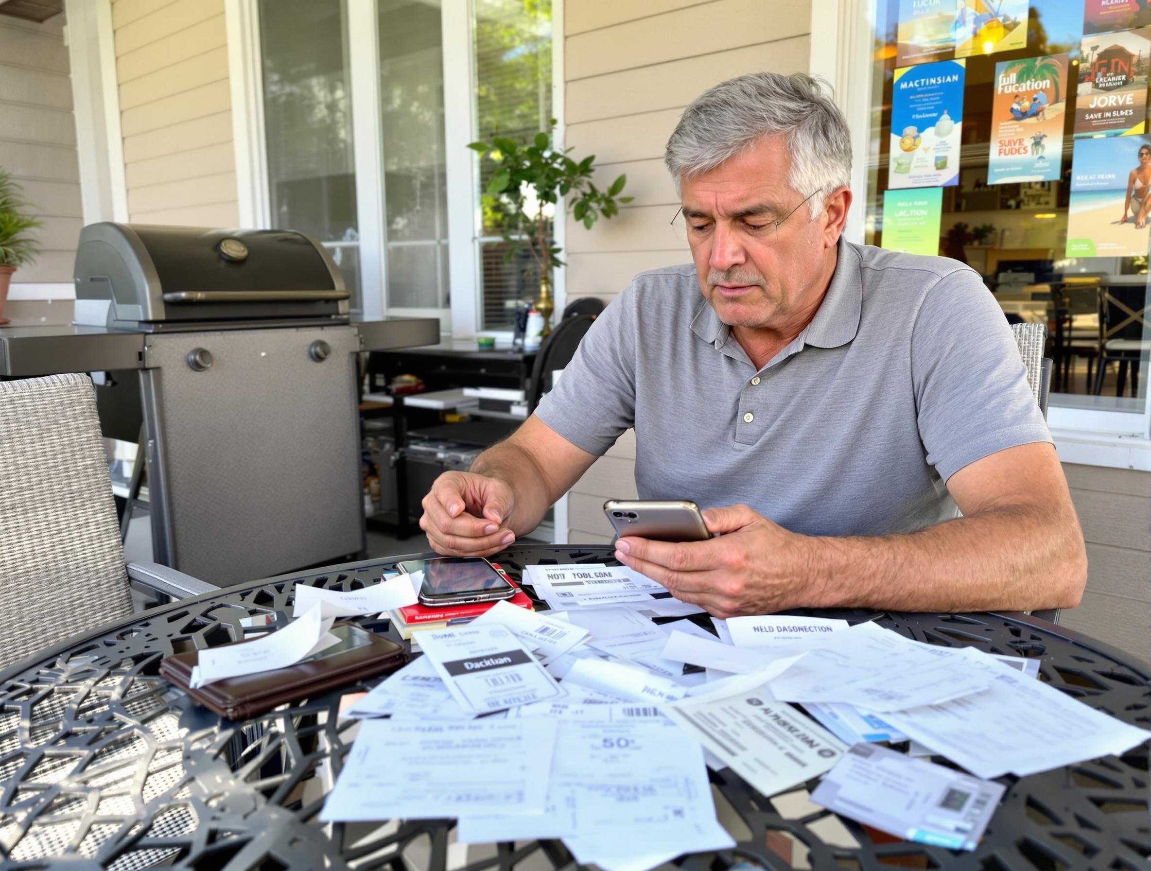 Man in his 40s looking overwhelmed while surrounded by summer expense bills including entertainment tickets, home improvement receipts, and vacation costs