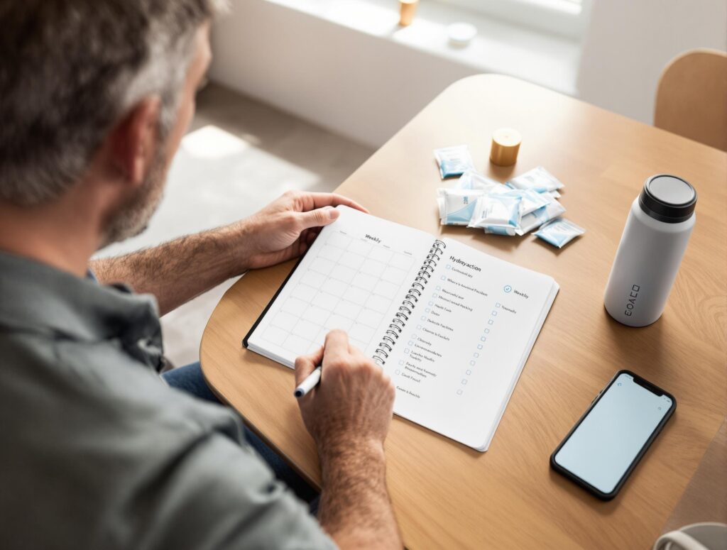 Man in his 40s following a structured hydration plan with water bottle, smartphone app, and weekly calendar showing progressive hydration goals