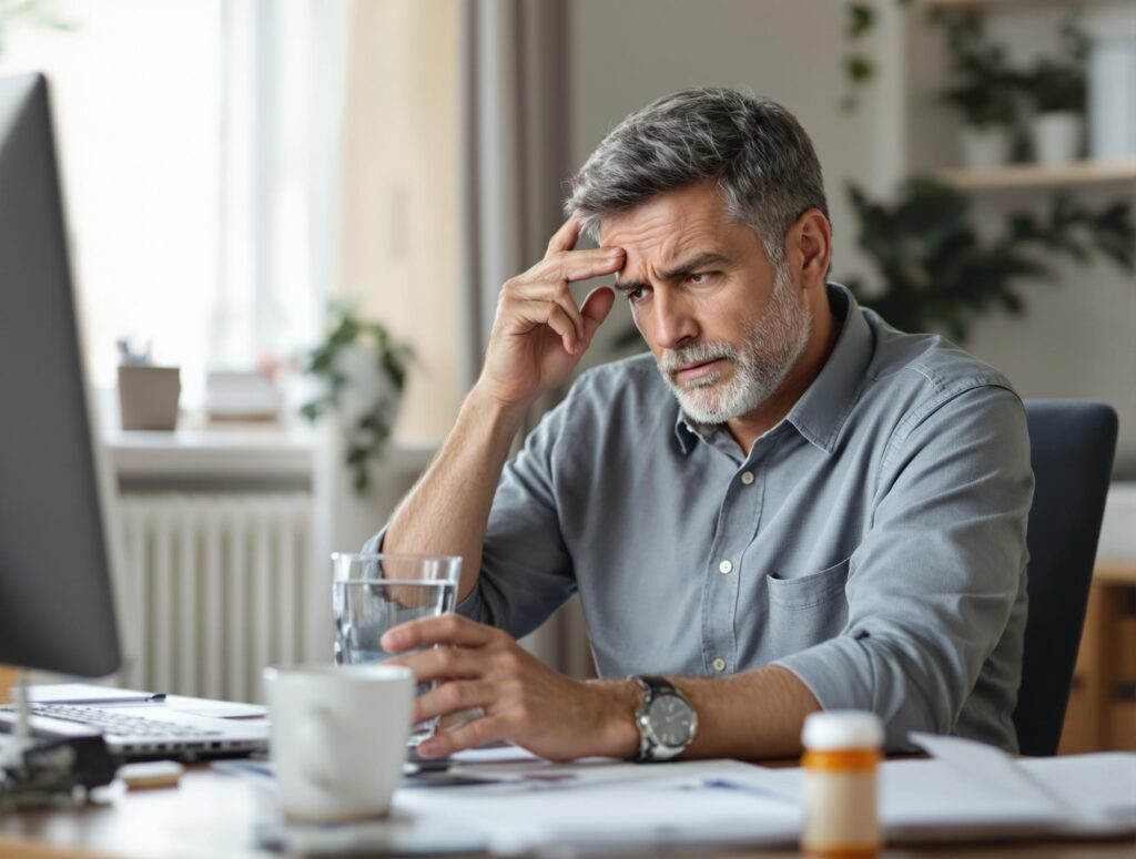 Thoughtful man in his 40s sitting at home office desk looking tired, illustrating the hydration challenges and energy issues men face after 40