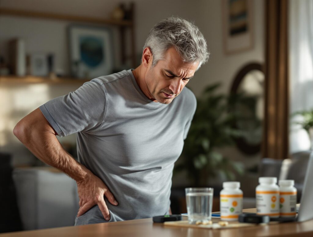 Mature man in his 40s looking tired and dehydrated while exercising, illustrating the importance of proper hydration for men over 40