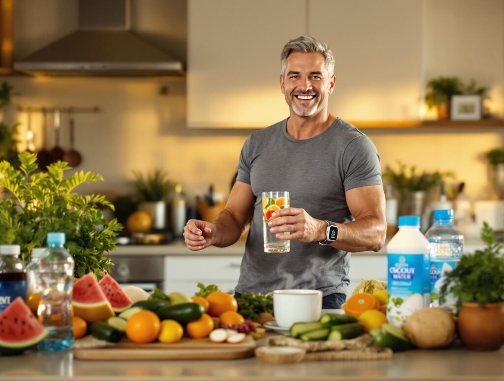 Confident man in his 40s in home setting with various hydration tools and natural sources, showing successful implementation of comprehensive hydration strategies without text overlay