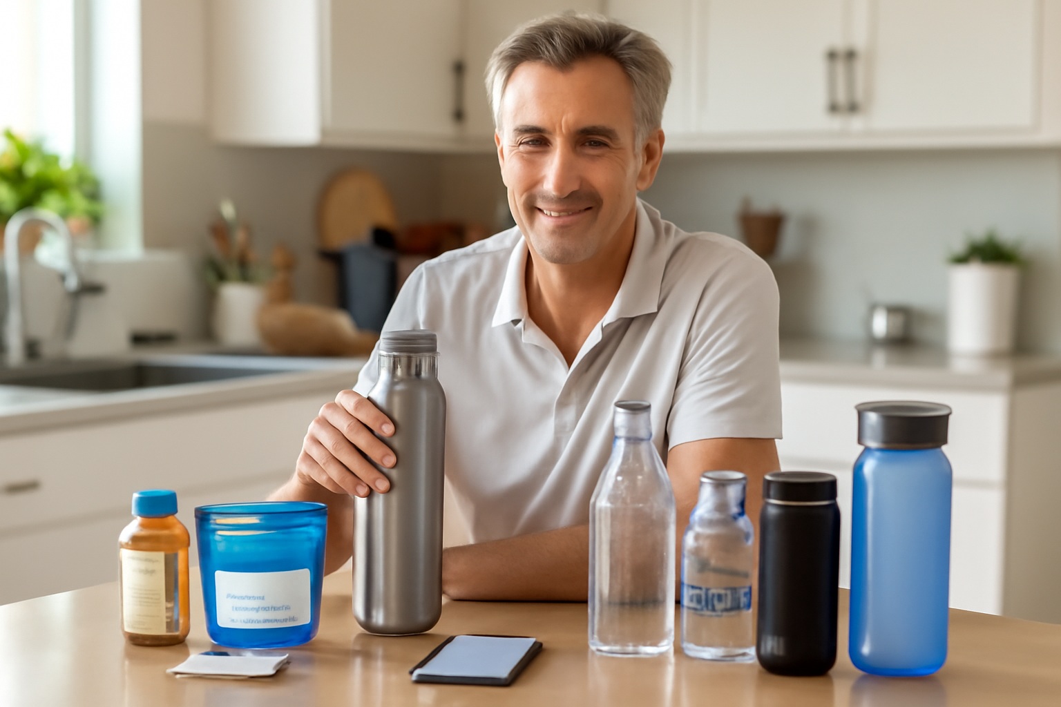 Middle-aged man in casual clothes holding water bottle and checking hydration tracking app on smartphone
