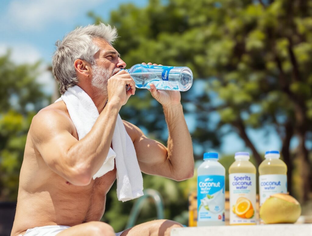 Man in his 40s drinking water from insulated bottle during summer outdoor workout, demonstrating proper hydration strategies in hot weather