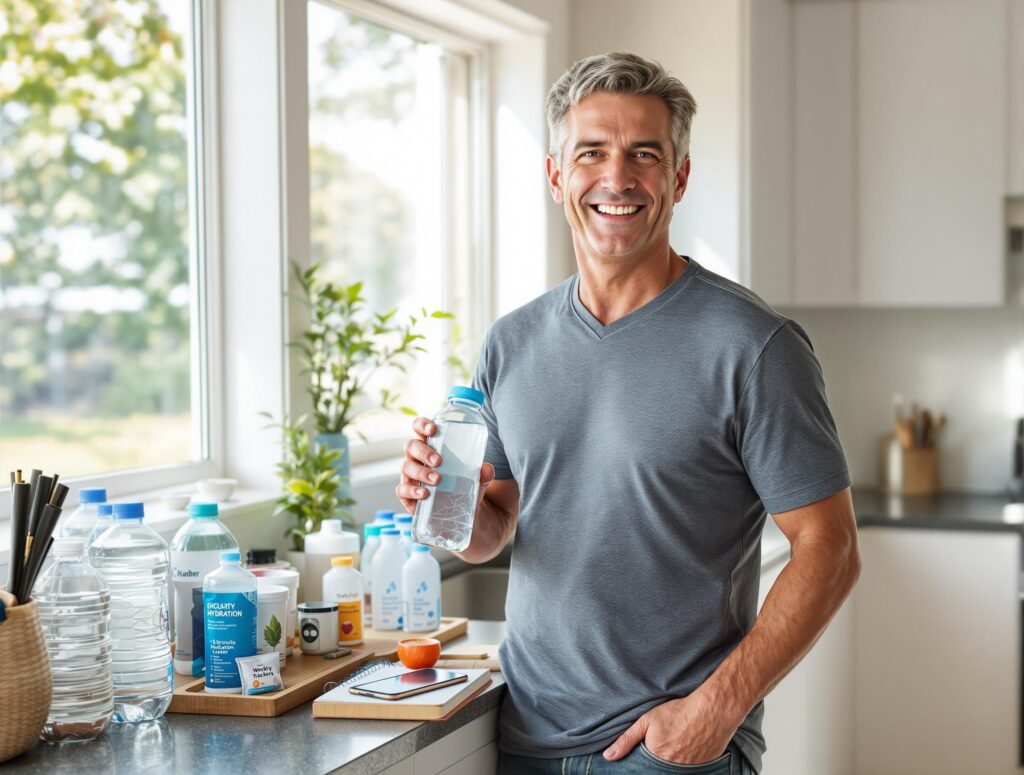 Confident man in his 40s demonstrating complete hydration success with water bottle, tracking app, and energetic posture showing transformation from following the guide