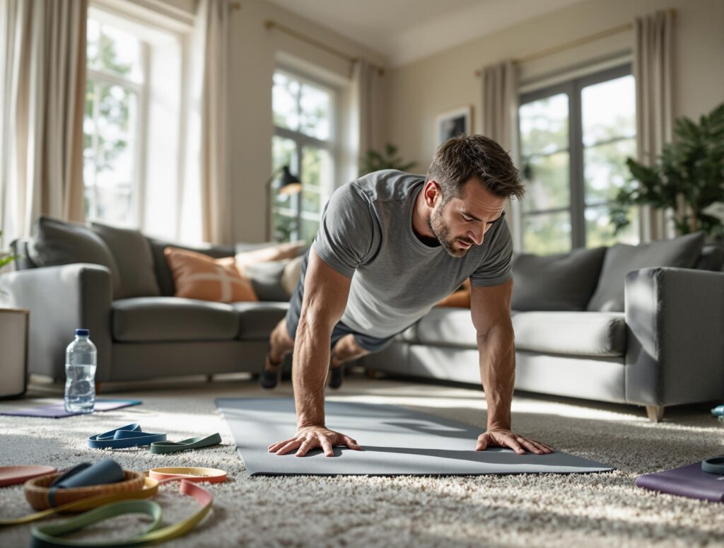 Man in his 40s doing bodyweight exercises in comfortable home living room setting, demonstrating accessible indoor workout alternatives