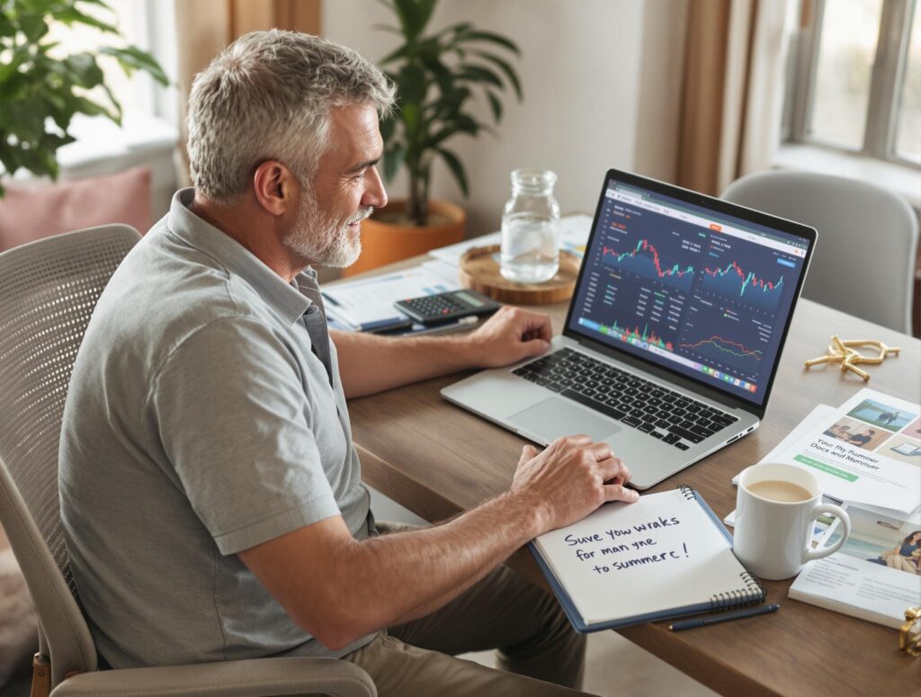 Man in his 40s researching summer side hustles and investment options on laptop with financial documents and calculator in casual home office setting