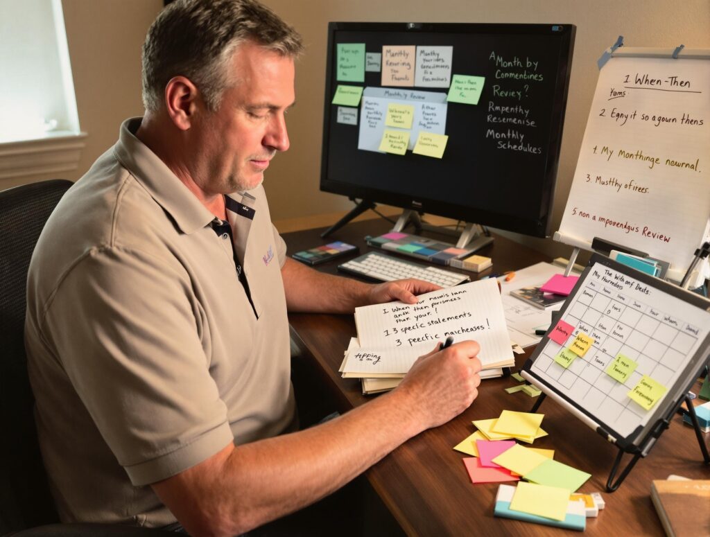 Man in his 40s applying reading insights by writing action plans and teaching concepts, showing practical knowledge implementation process