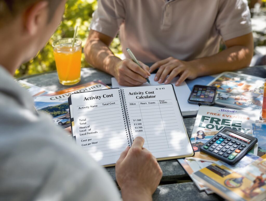 Man in his 40s planning summer activities with notebook and phone, comparing costs and options at outdoor table with activity brochures