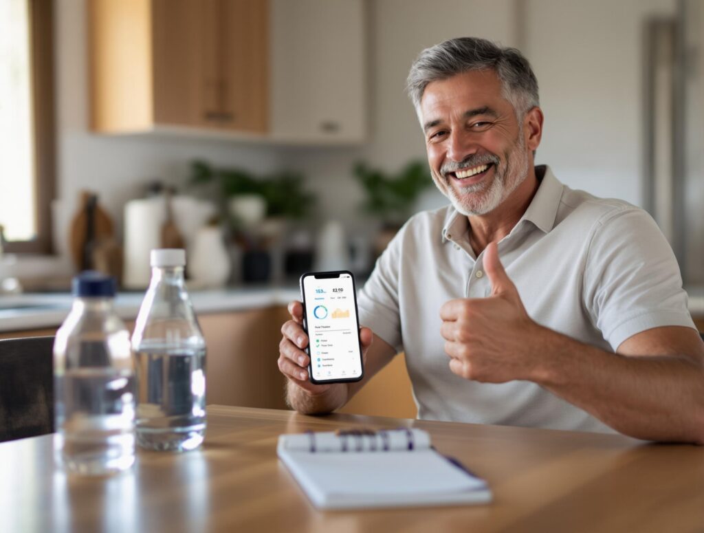 Man in his 40s tracking hydration progress with smartphone app, water bottle, and energy level journal showing positive improvements over time