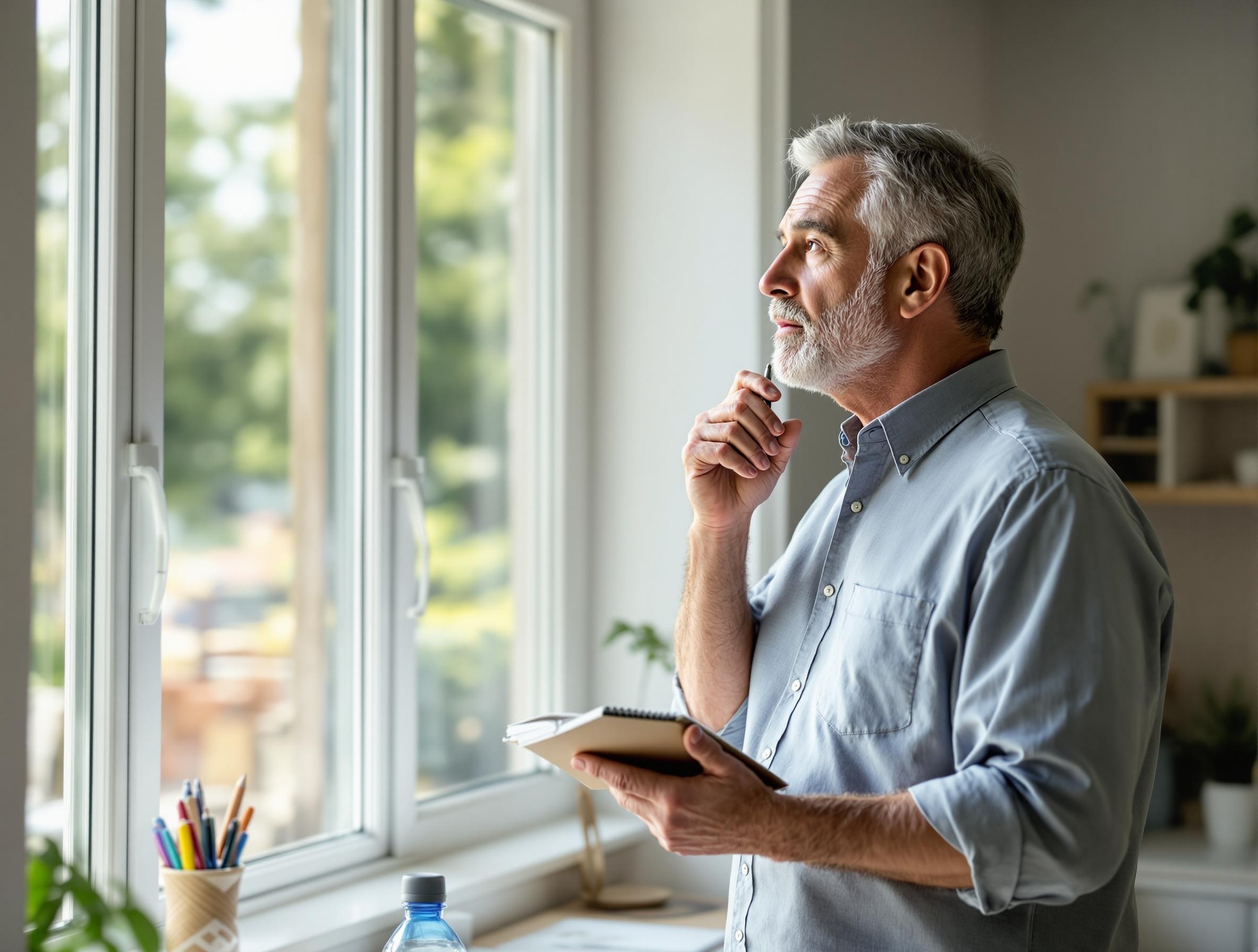 Middle-aged man maintaining focus and mental clarity at home workspace while summer activities and distractions happen around him