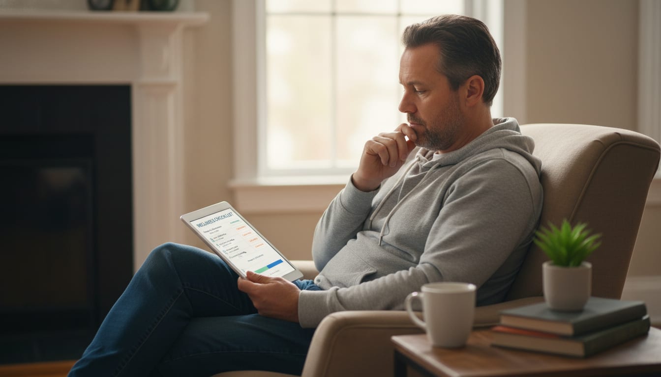 Professional man in his 40s looking at wellness checklist on tablet, representing the importance of regular mental health check-ups and progress tracking