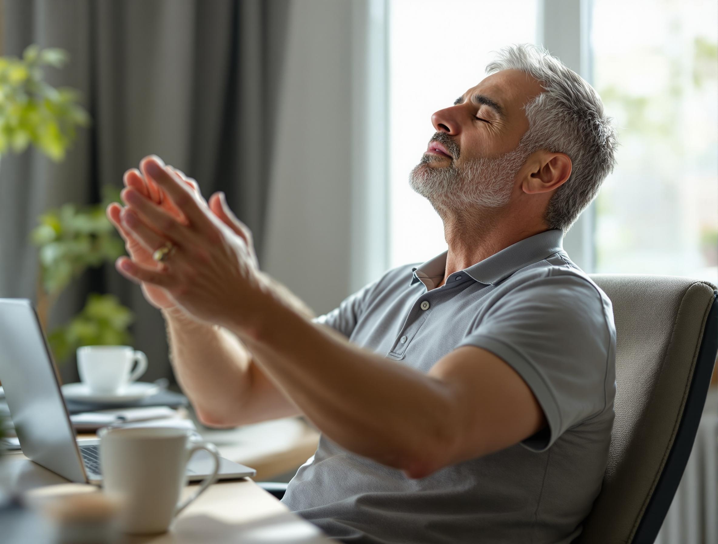 Middle-aged professional man in casual home office setting looking contemplative while reviewing work documents, representing mid-year burnout assessment and renewal planning