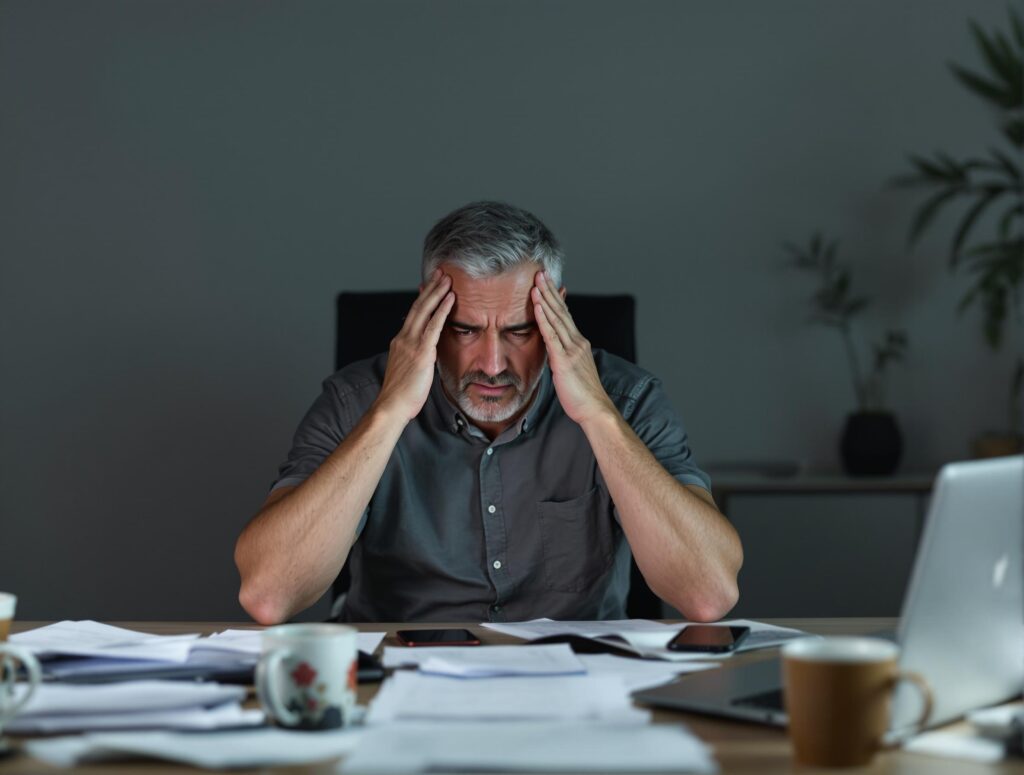 Professional man in his 40s looking exhausted and overwhelmed at his home office desk, illustrating the physical and mental symptoms of burnout