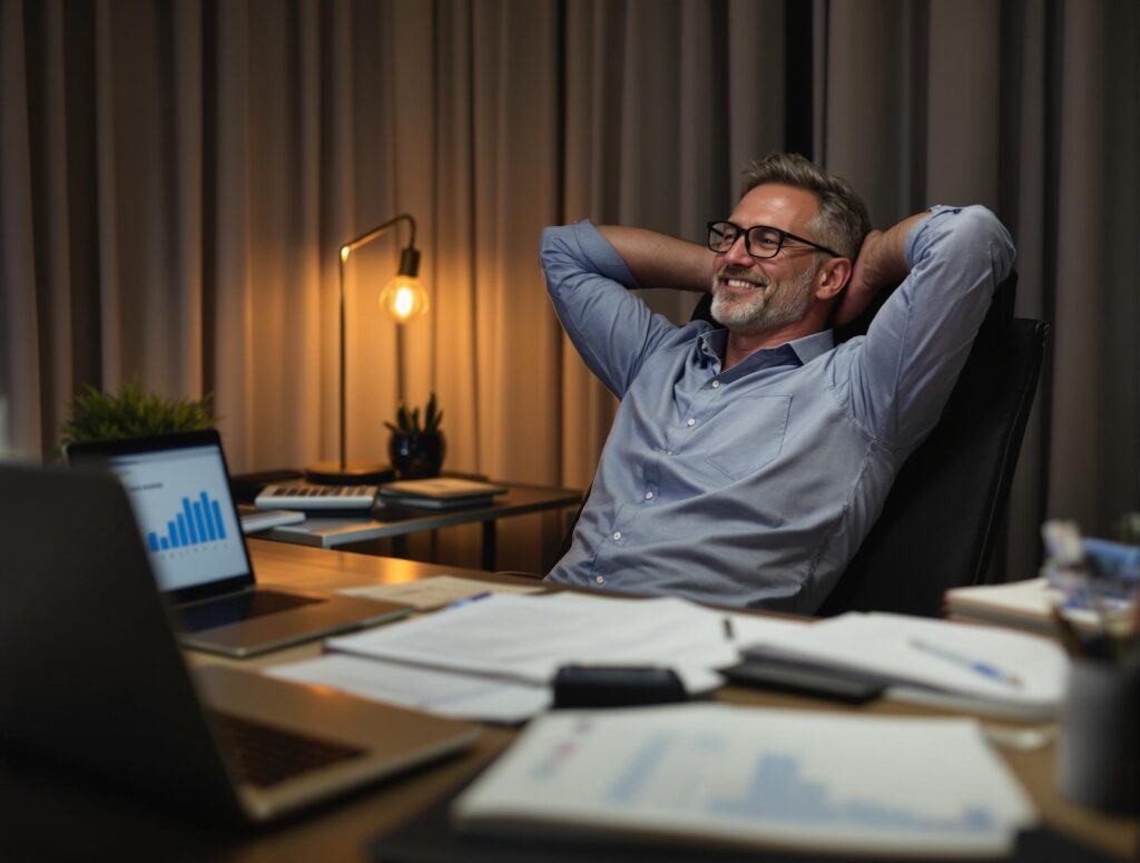 Confident man in his 40s sitting at home office desk with organized financial documents, calculator, and laptop showing investment portfolio dashboard, representing successful completion of mid-year review