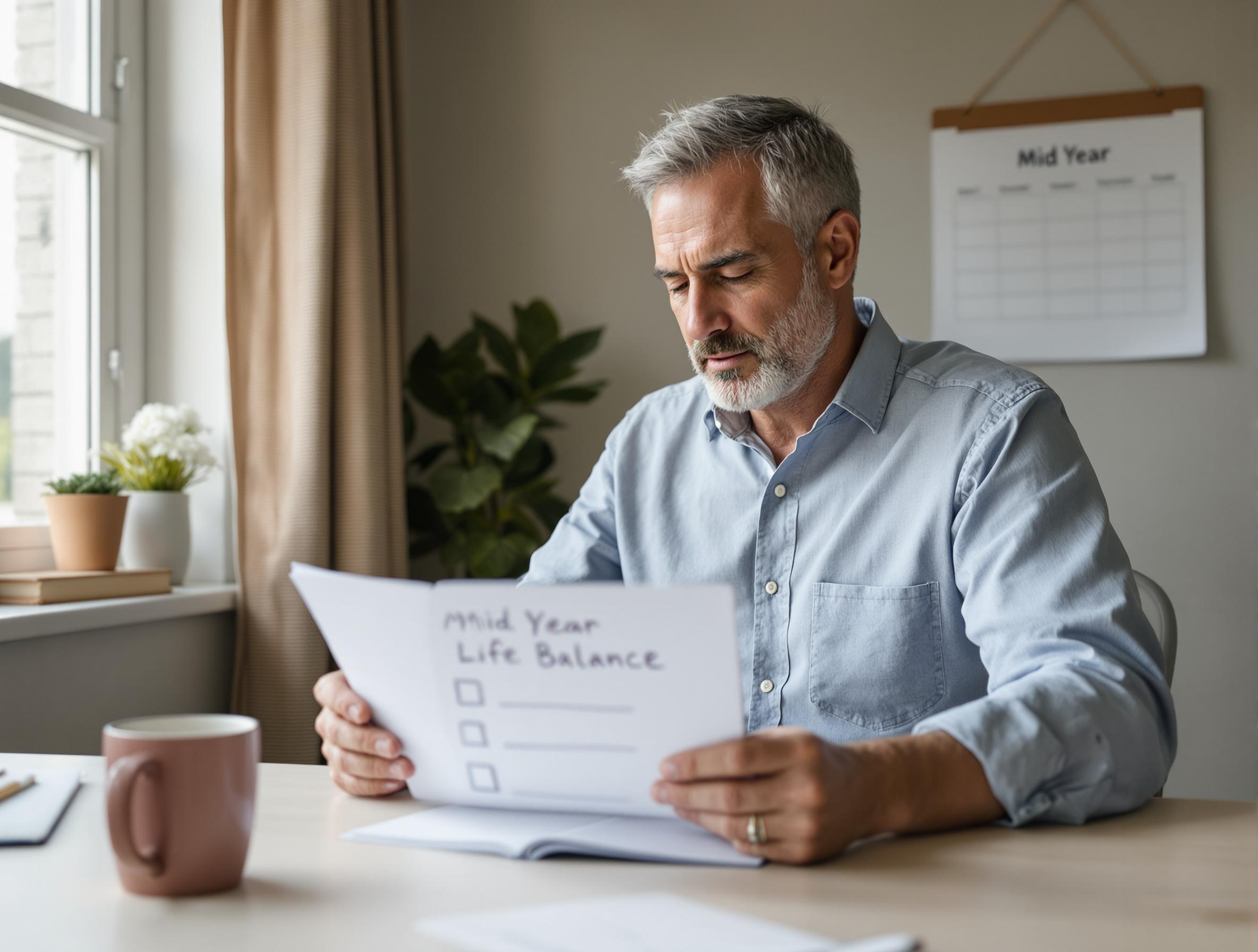 Man in his 40s sitting thoughtfully at home desk with notebook, planning his mid-year life pivot and three pillars alignment strategy