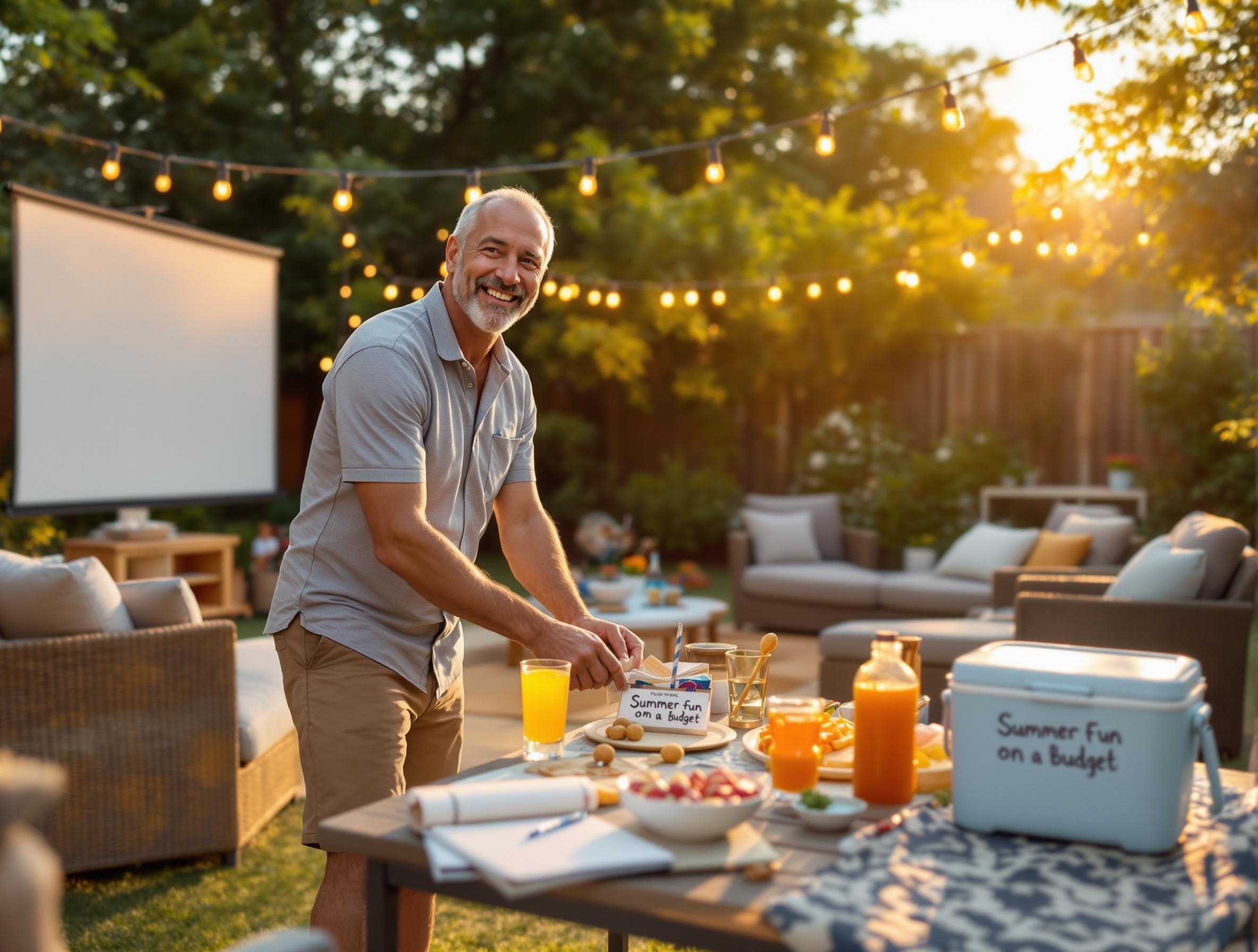 Man in his 40s enjoying budget-friendly summer activities with family in backyard setting with DIY entertainment and outdoor fun
