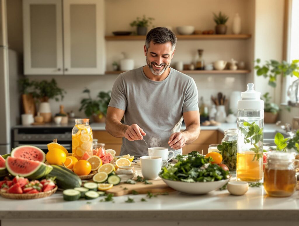 Man in his 40s in casual kitchen setting preparing natural hydration drinks with coconut water, fruits, and vegetables, demonstrating healthy hydration alternatives
