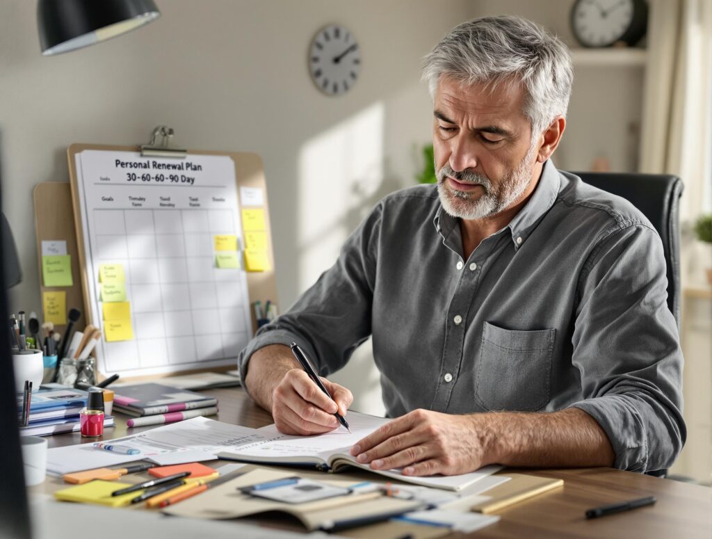 Professional man in his 40s actively creating and planning his personal burnout recovery plan for professionals over 40, showing organized planning materials and goal-setting in a home office environment