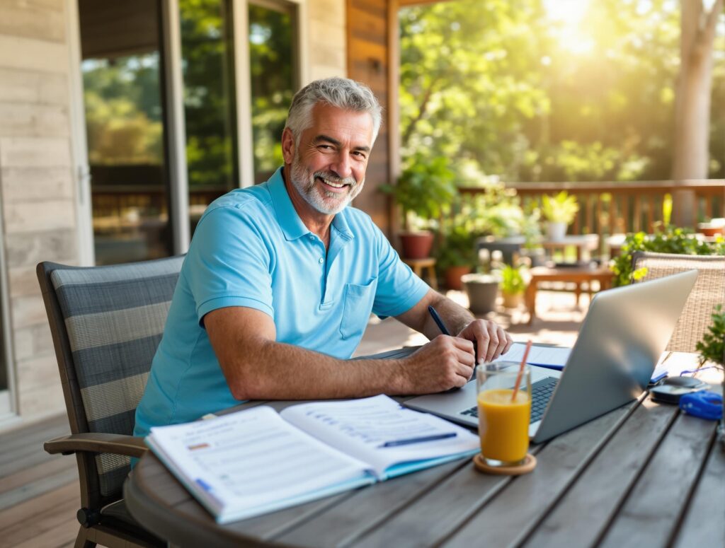 Middle-aged man in casual attire implementing summer success strategies through outdoor workout, healthy meal planning, and goal setting in relaxed home environment