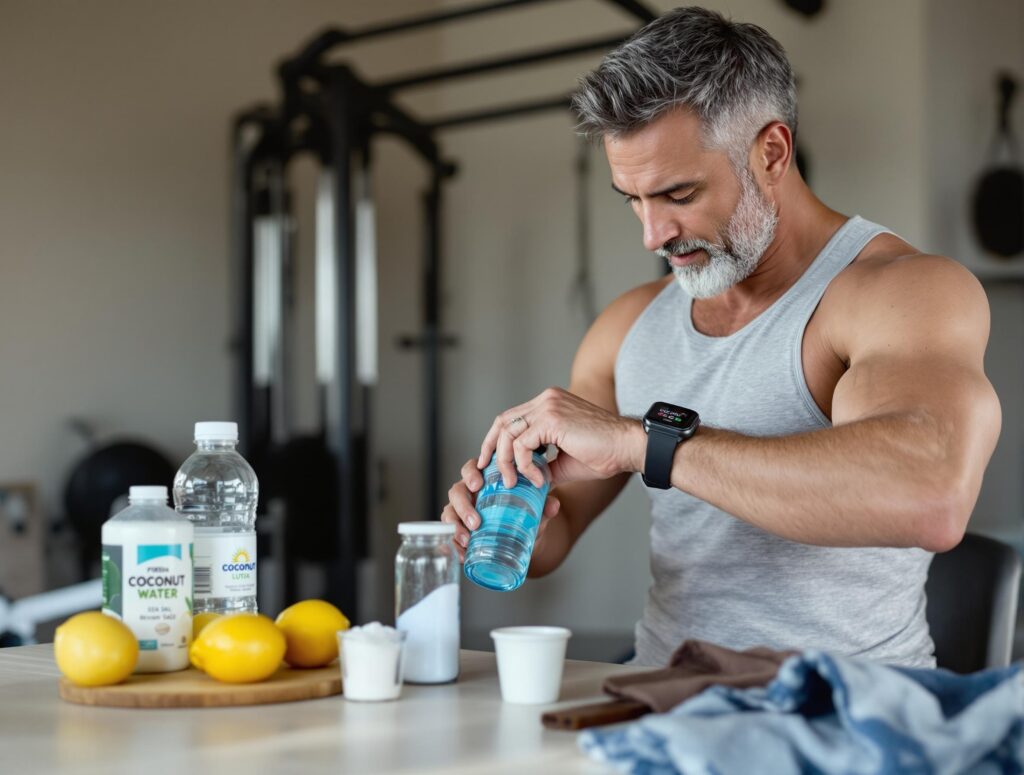Man in his 40s in casual workout clothes drinking water in home gym setting, demonstrating proper pre and post-workout hydration techniques
