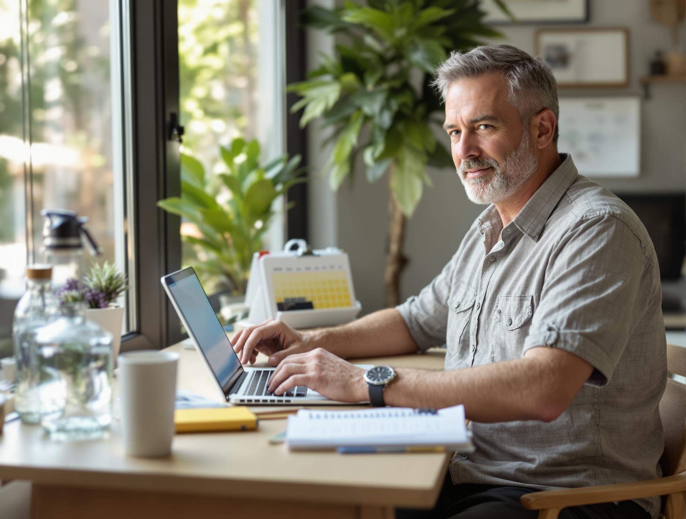 Man in his 40s successfully managing his organized summer schedule using integrated productivity tools including planning apps, time management systems, and mobile solutions