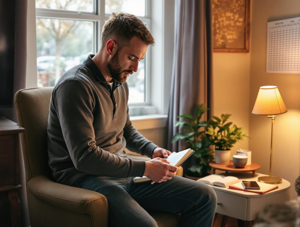 Man in his 40s creating organized reading space at home with books, notebook, and comfortable setup showing habit formation process