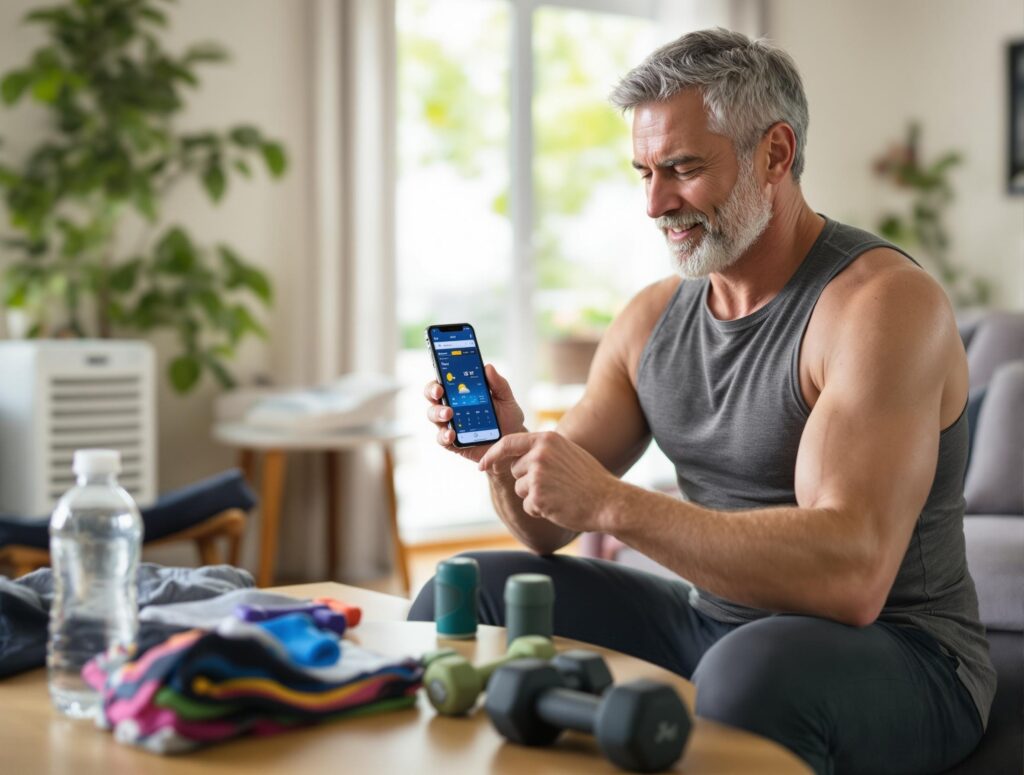 Man in his 40s doing indoor bodyweight exercises with workout equipment nearby, demonstrating flexible summer fitness approach