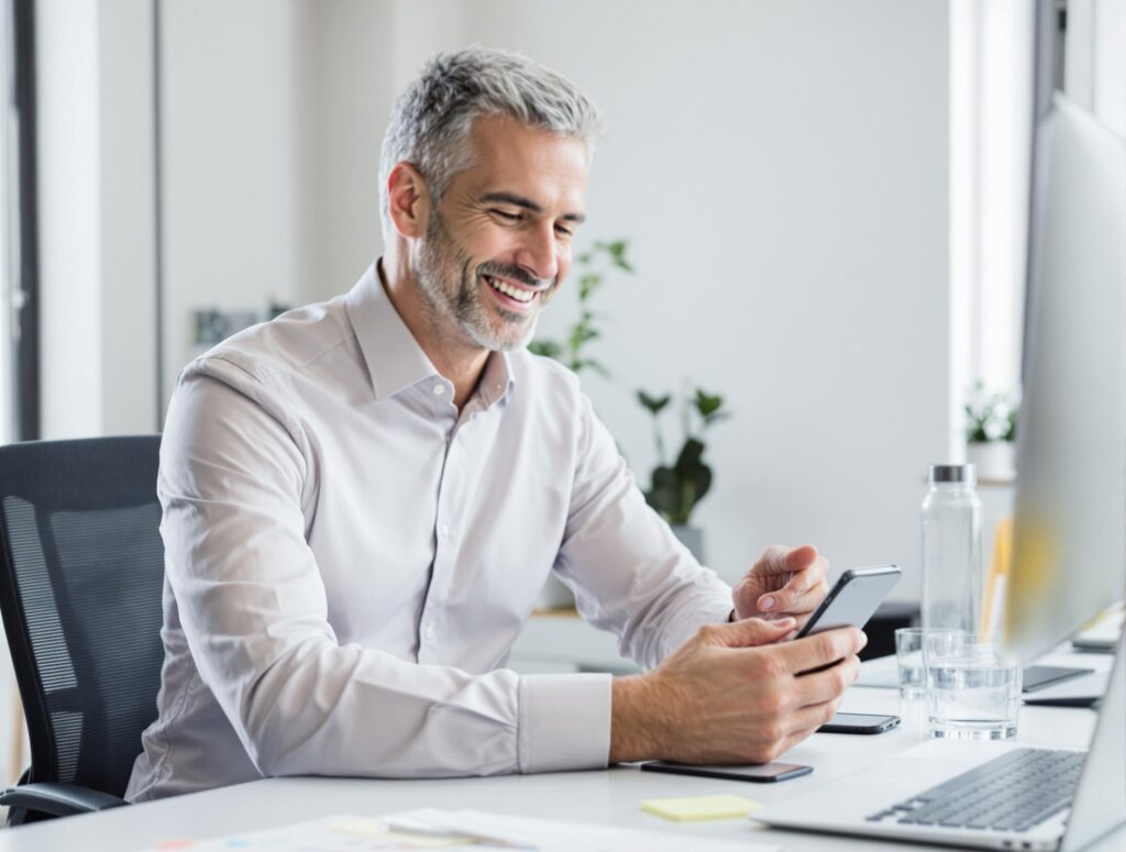 Professional man in his 40s at modern office desk with water bottle and smartphone, demonstrating smart hydration tracking habits for busy professionals