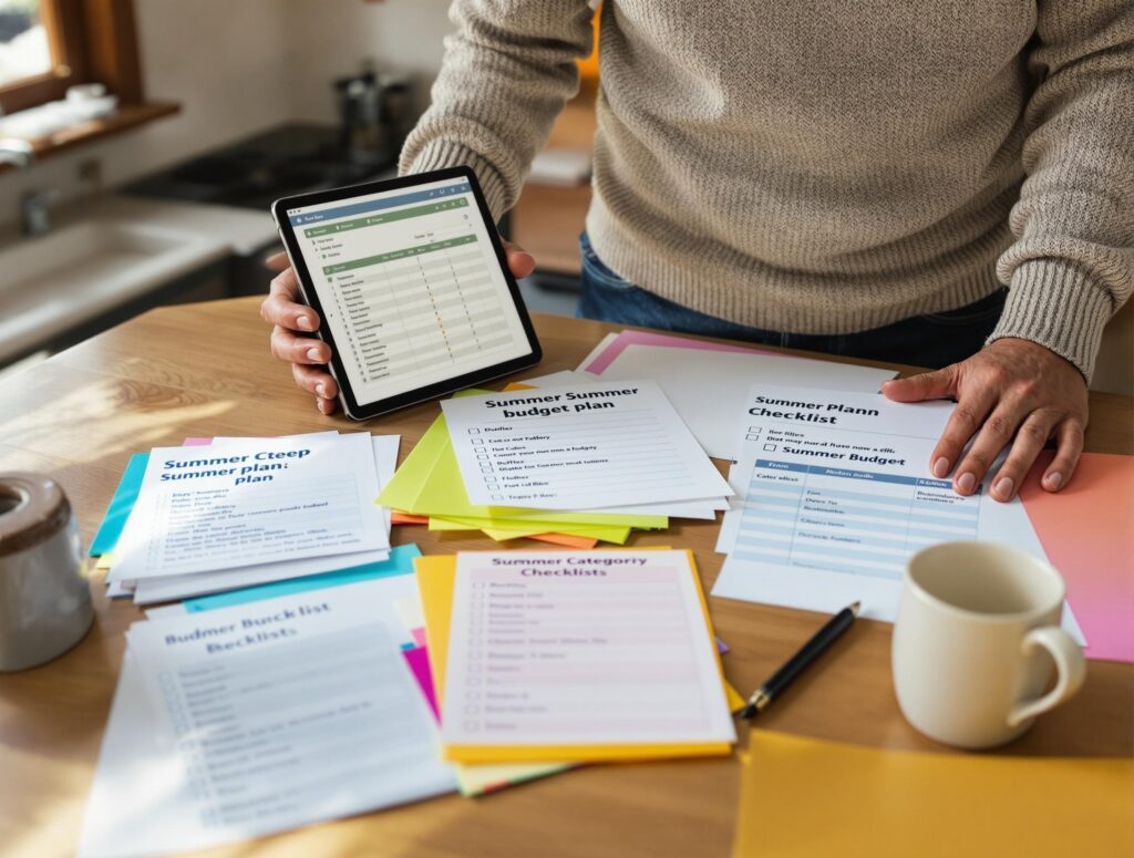 Man in his 40s working through organized summer budget planning checklist with laptop and financial documents in bright home office setting