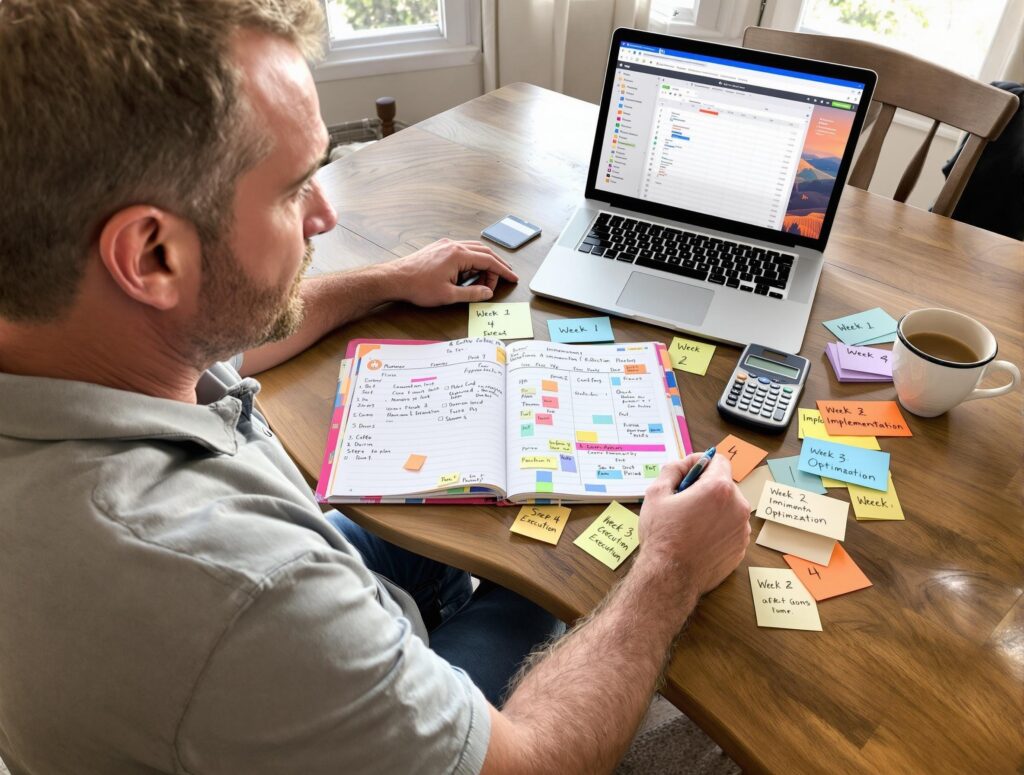 Man in his 40s following organized step-by-step budget planning process with checklist, calendar, and financial planning materials on desk