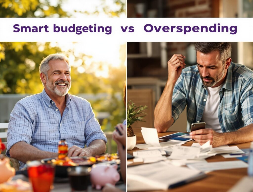 Split screen comparison showing stressed man with bills versus happy man enjoying budget-friendly summer activities with family