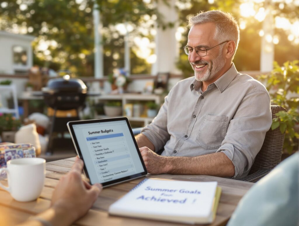 Happy man in his 40s enjoying successful summer vacation with family while reviewing budget tracking app showing savings achieved through smart planning