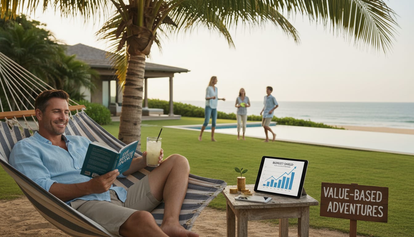 Confident man in his 40s enjoying peaceful summer day outdoors with family, representing financial control and life balance
