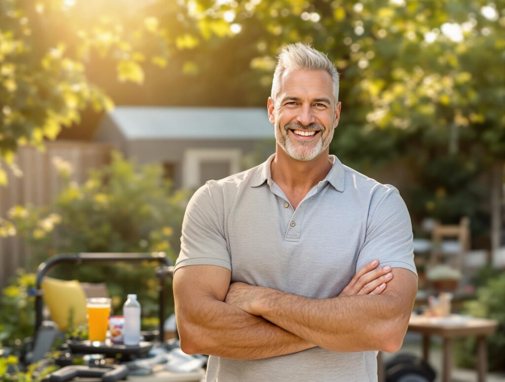 Man in his 40s confidently implementing his summer transformation plan showing the complete blueprint in action