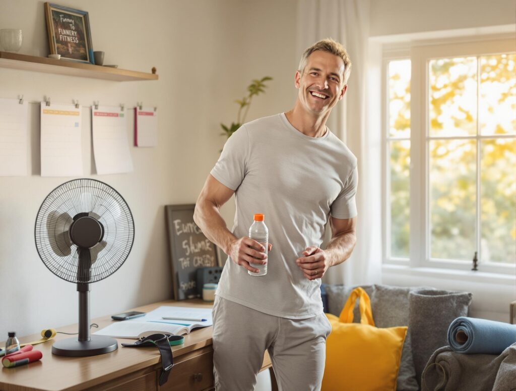 Man in his 40s celebrating successful summer workout routine with water bottle and towel, representing achievement of safe and effective hot weather fitness goals
