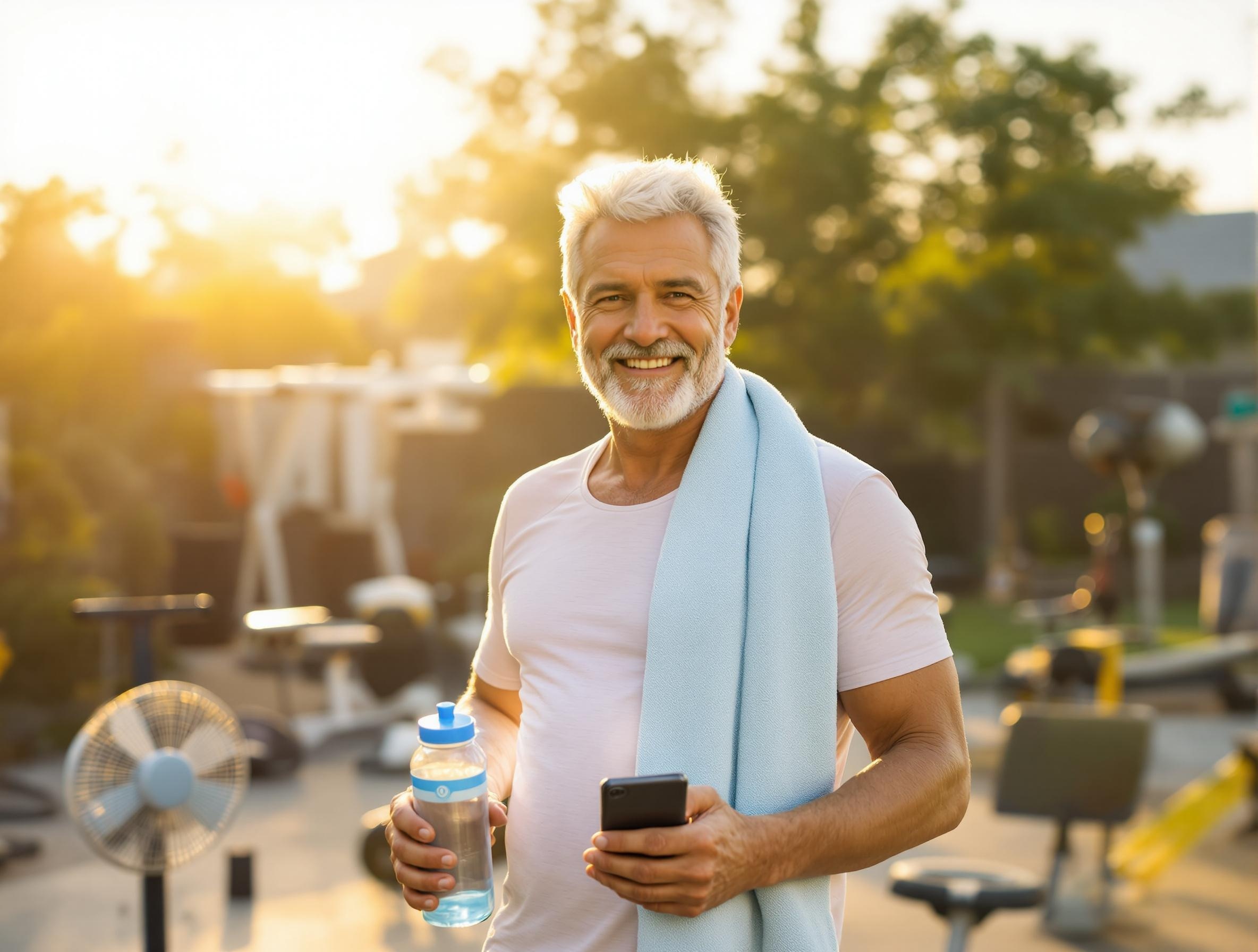 Confident man in his 40s celebrating summer fitness success, showing the complete transformation from adapting workouts to mastering hot weather exercise with proper hydration, equipment, and nutrition strategies