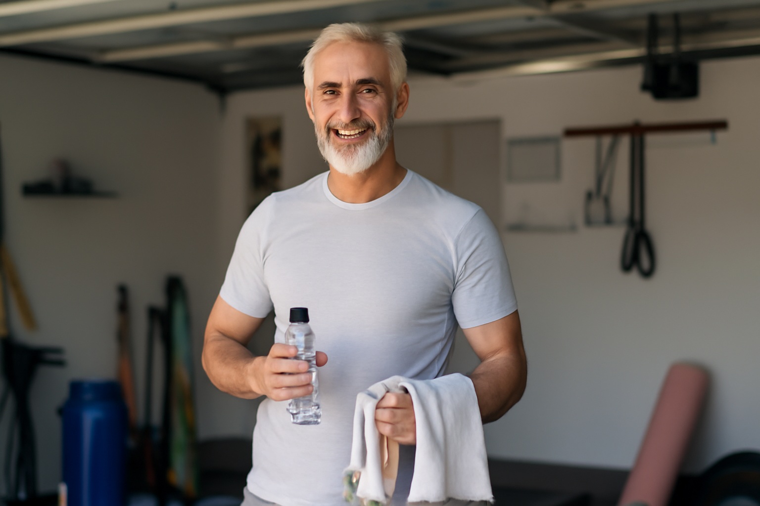 Middle-aged man in casual workout clothes drinking water during indoor exercise routine, demonstrating safe summer fitness practices