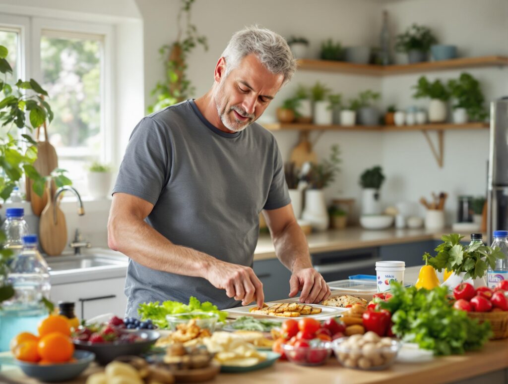 Healthy summer meal prep and nutrition setup for men over 40 showing fresh seasonal foods and hydration for energy optimization
