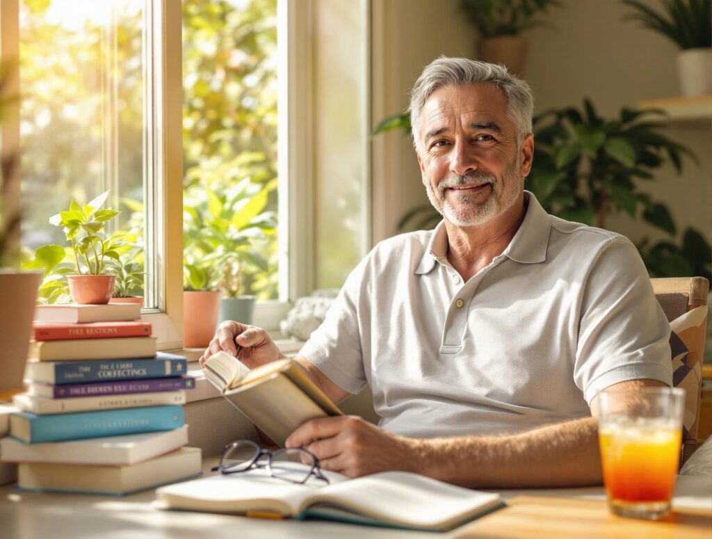 Man in his 40s celebrating reading success with organized books, notes, and visible progress showing complete personal and professional growth transformation