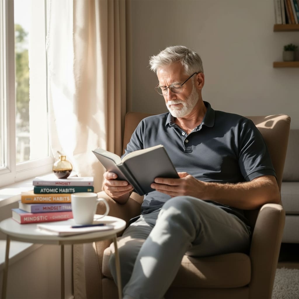 Man in his 40s reading personal development book in comfortable home setting with coffee and notebook for summer learning