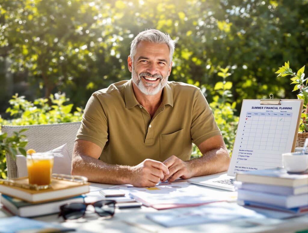 Man in his 40s celebrating successful summer financial planning with organized budget documents, savings tracker, and summer activity materials on outdoor table, showing achievement of balanced spending goals